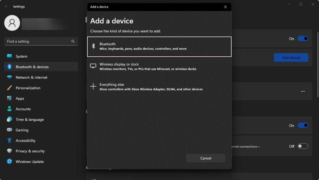Windows 11 screen add Bluetooth device.